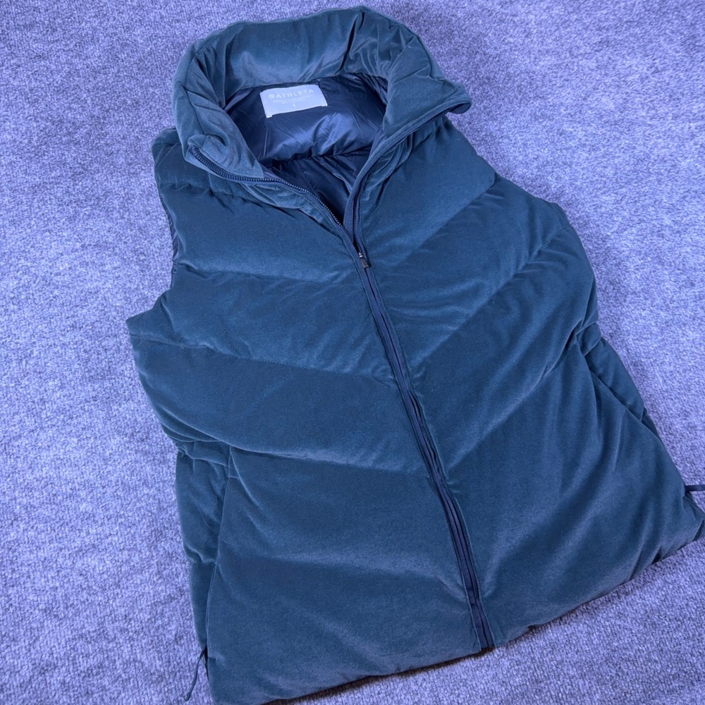 Athleta Velvet Down Puffer Vest Womens Teal Green Detachable Hood 511495 Large